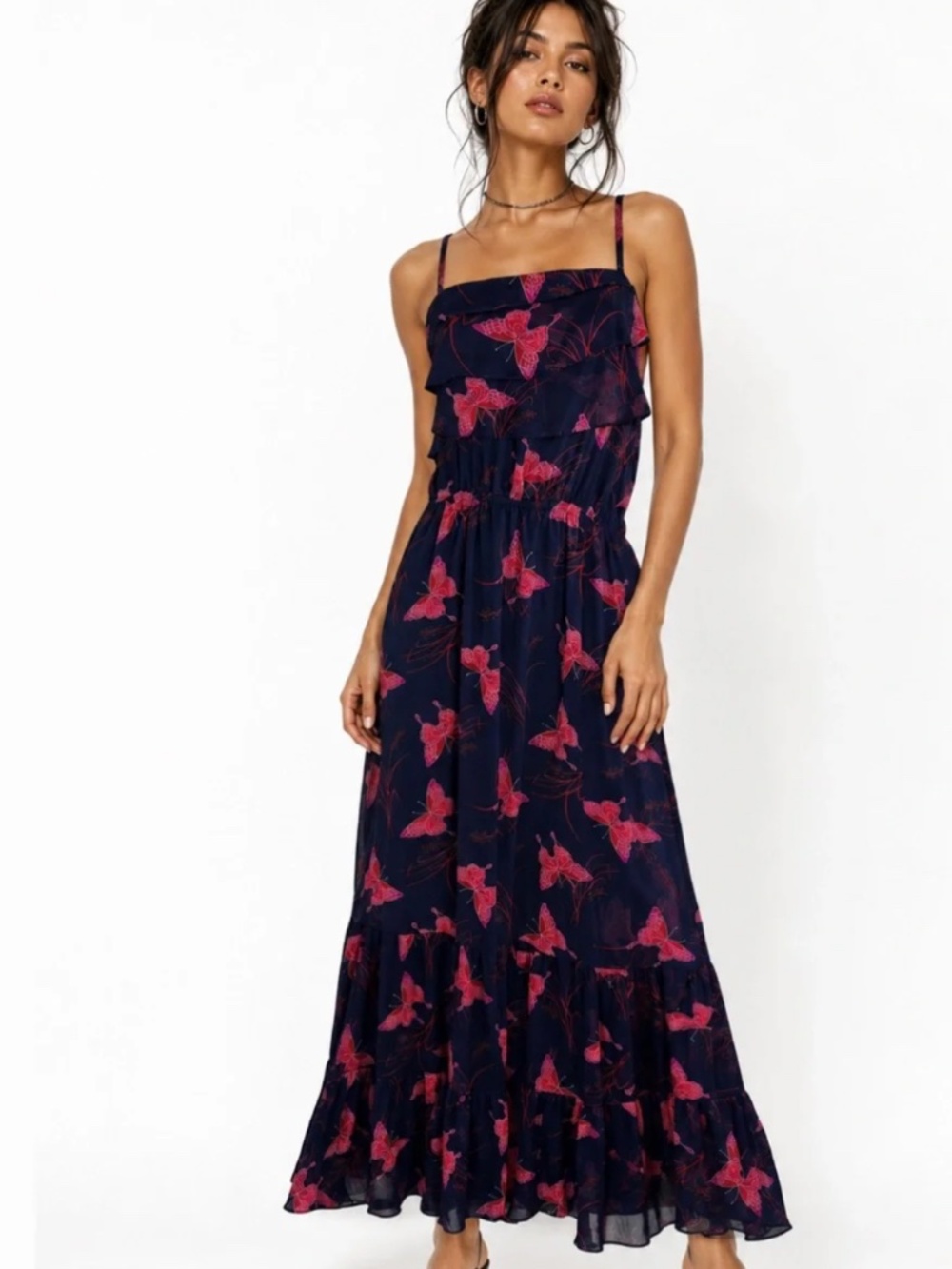Express Navy Blue w Red Butterflies Maxi Dress